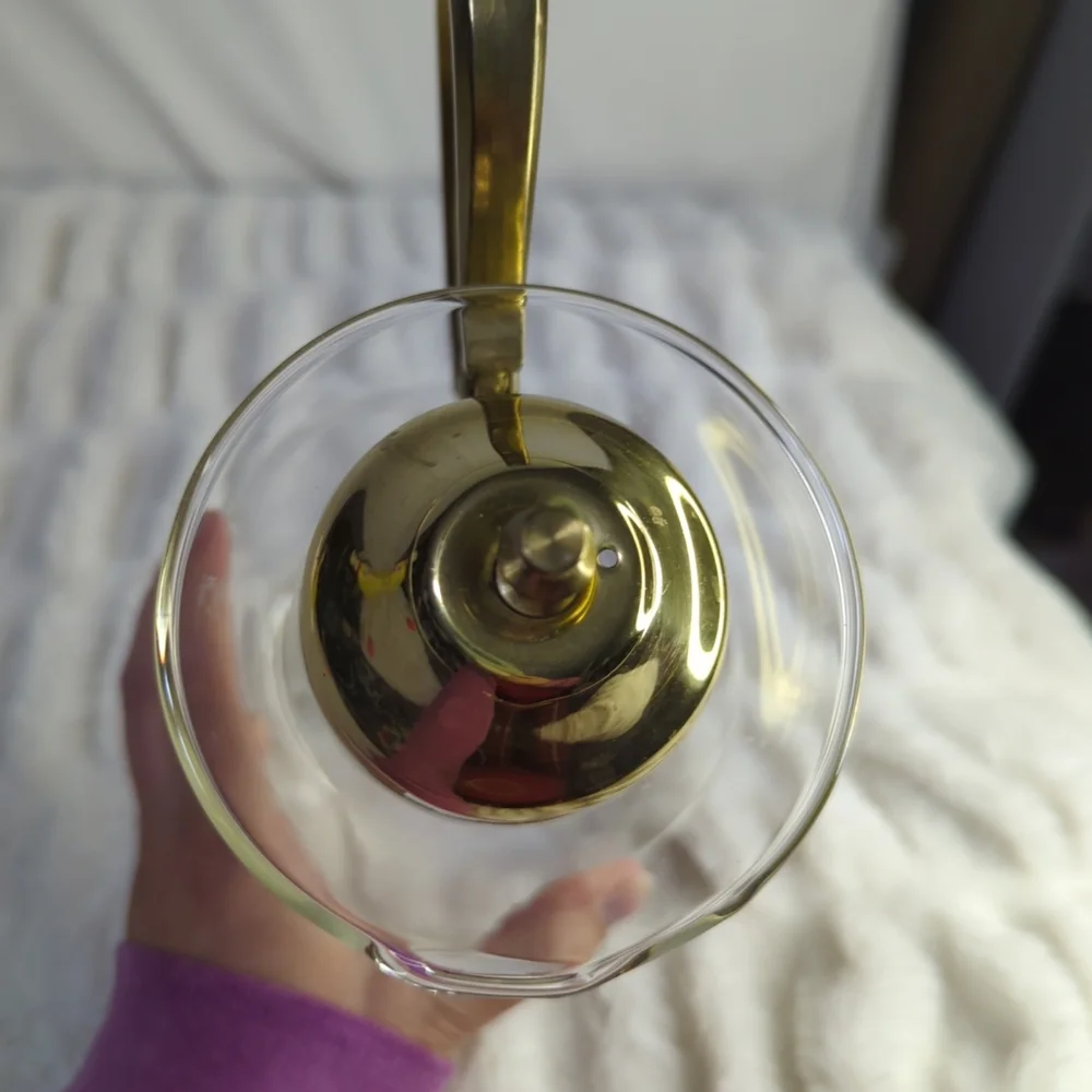 Vintage Brass & Glass Water Wine Pitcher Carafe With Ornate Handle Etched Floral